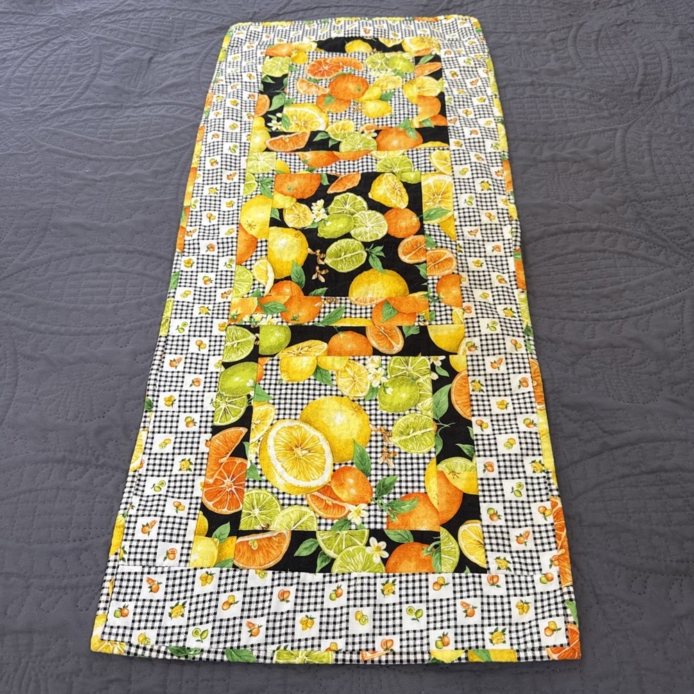 Handmade Quilted Table Runner Citrus Fruit Check Lemons Oranges 15x34" Center Pc